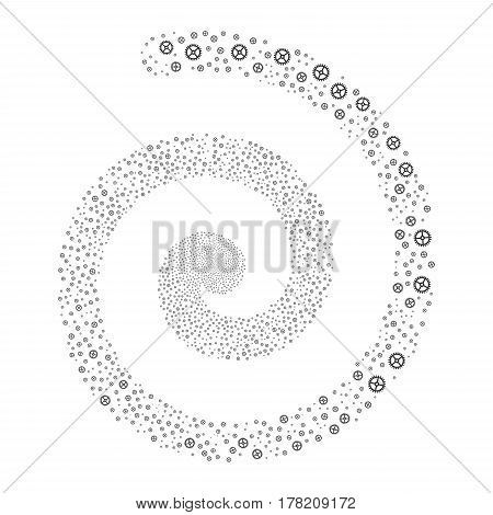 Clock Gear fireworks vortex spiral. Vector illustration style is flat gray scattered symbols. Object vortex constructed from scattered icons.
