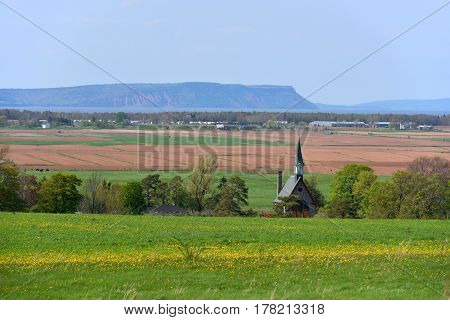 Memorial Church in Grand-Pré National Historic Site, Wolfville, Nova Scotia, Canada. Grand-Pré area is a center of Acadian settlement from 1682 to 1755. Now this site is a UNESCO World Heritage Site.