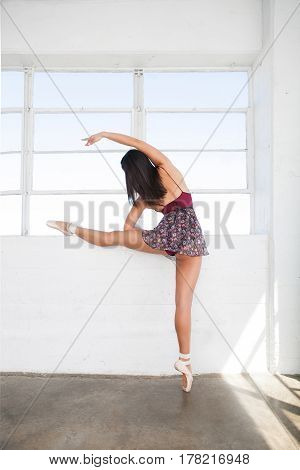 Sexy beautiful dancer stretches herself at the window background