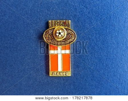USSR - CIRCA 1984: Badge with the image ball and flag Denmark, the inscription 