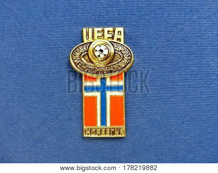 USSR - CIRCA 1984: Badge with the image ball and flag Norway, the inscription 