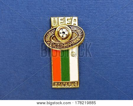 USSR - CIRCA 1984: Badge with the image ball and flag Bulgaria, the inscription 