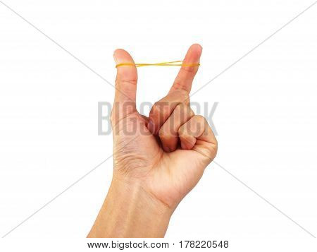 Rubber band in hand on a white background