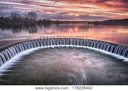Lippesee dam-View over a Lippesee with dam Paderborn, North Rhine-Westphalia, Germany