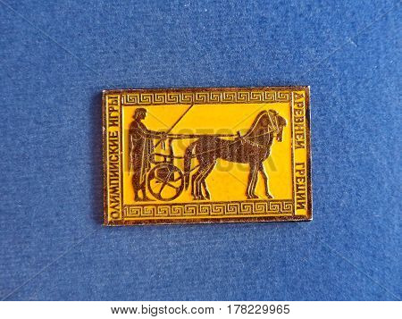 USSR - CIRCA 1980: Badge with the image of the an ancient sportsmanl and the inscription 