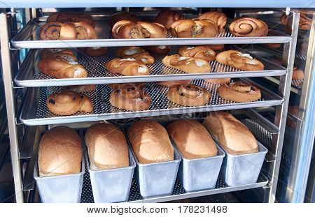 Dessert bread baking in Combi steamer. Production oven at the bakery. Baking bread.