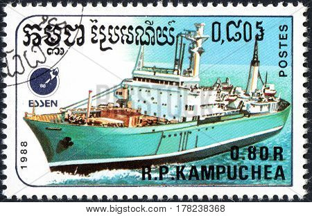 UKRAINE - CIRCA 2017: A postage stamp 0.80R printed Cambodia shows ship circa 1988