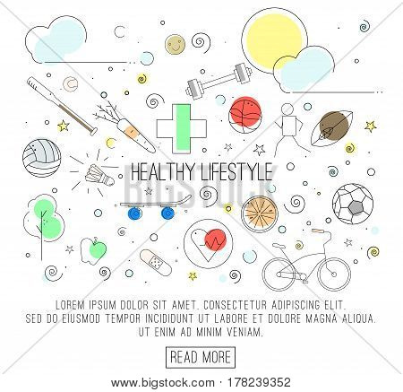 Healthy lifestyle concept in flat design. Vector banner for your web design. Outline icons of healthy food and sport.