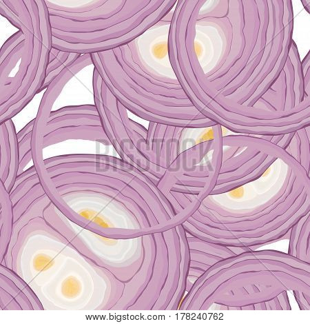 Sliced red onion ring on white background vector illustration, seamless pattern