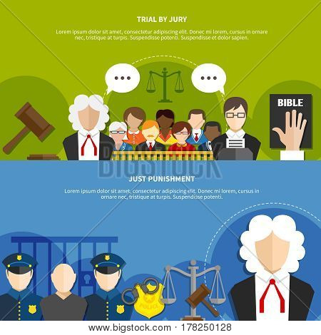 Two horizontal flat law banner set with trial by jury and just punishment headline vector illustration