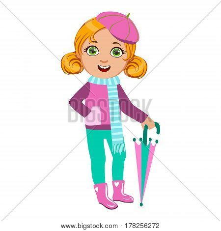 Girl In Pink And Blue Outfit, Kid In Autumn Clothes In Fall Season Enjoyingn Rain And Rainy Weather, Splashes And Puddles. Cute Cheerful Child In Warm Clothing Having Fun Outdoors Vector Illustration.