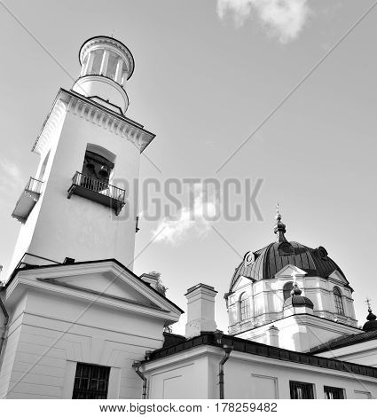 Church of St. Alexander Nevsky in Ust-Izhora town St.Petersburg suburb Russia. Black and white.