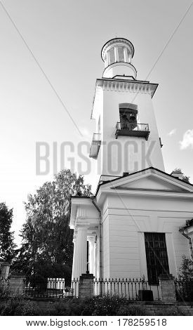 Church of St. Alexander Nevsky in Ust-Izhora town St.Petersburg suburb Russia. Black and white.