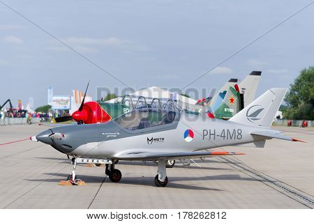 LEEUWARDEN NETHERLANDS - JUNE 6 2016: Blackshape Prime BS-100 ultralight aircraft at the Royal Dutch Air Force open days. The aircraft first flew in 2007