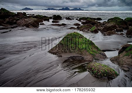 Black sands of Vestmann Islands on Iceland