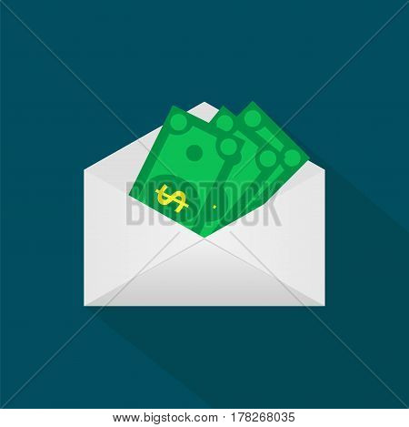 Money in the mail envelope. Cash Icon in flat style. Dollar banknote green. Vector illustration.
