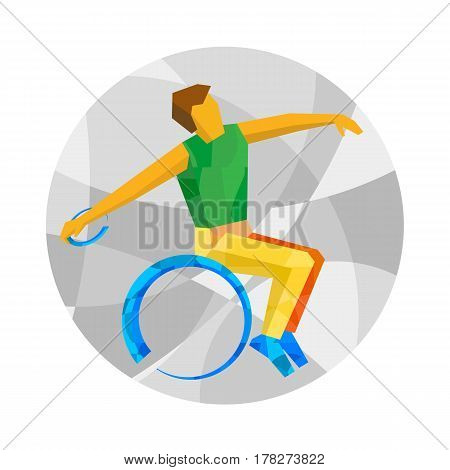 Wheelchair Sportsman Throwing Discus. Flat Sport Icon.