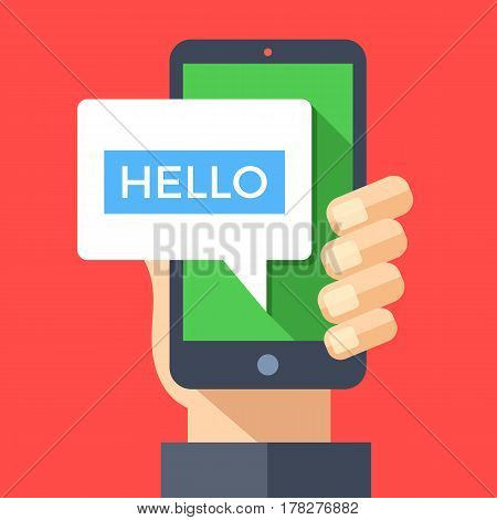 Hand holding smartphone with hello message on screen. Instant messaging, IM, SMS text messaging, online chat concept. Modern graphic elements for websites, web banners. Flat design vector illustration