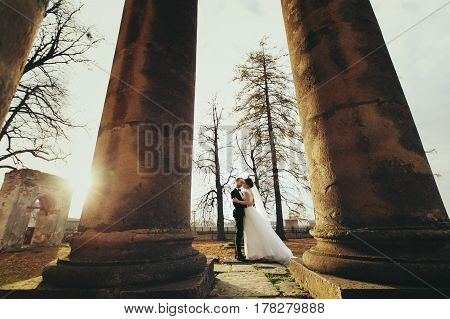 Autumn Sun Shines Above A Weddding Couple Which Stands Between Old Pillars
