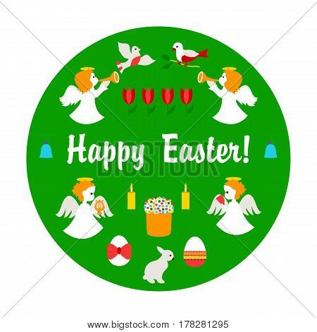 Happy Easter objects on green. Vector illustration of color eggs, flowers and angels.