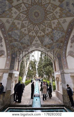 Fin, Kashan, Esfahan, Iran, March 23, 2017, is a historical Persian garden. It contains Kashan's Fin Bath, where Amir Kabir, the Qajarid chancellor, was murdered by an assassin sent by King Nasereddin Shah in 1852.