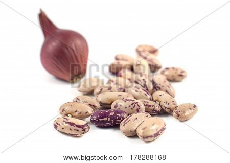 Colorful Beans And Onion Isolated On White Background