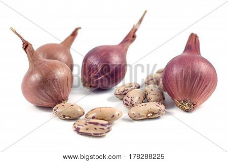 Colorful Beans And Onion Isolated On White Background
