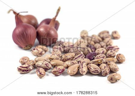 Colorful Beans And Onion Isolated On White Background