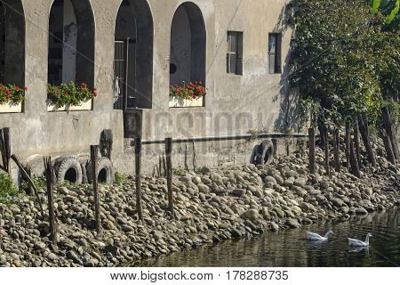 Country house along the Naviglio Grande of Turbigo (Milan Lombardy Italy) at fall with geese