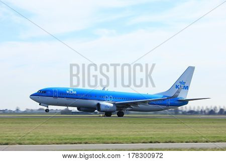 Amsterdam the Netherlands - March 25th 2017: PH-BXV KLM Royal Dutch Airlines Boeing 737-800 takeoff from Polderbaan runway.