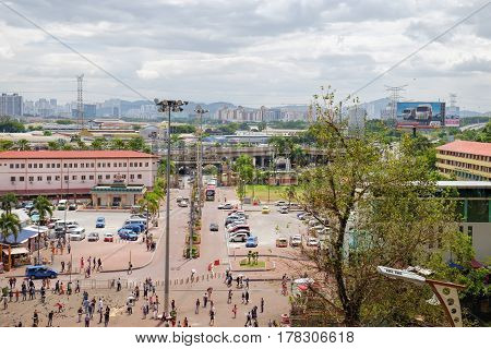 Batu Caves, Malaysia - February 7, 2016: The view from the top of the stairs at Batu Caves.