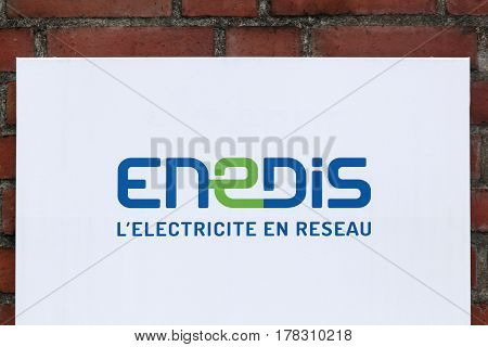 Orleans, France - March 19, 2017: Enedis logo on a wall. Enedis Is a public company , a 100% subsidiary of EDF, which is responsible for managing 95% of the electricity distribution network in France