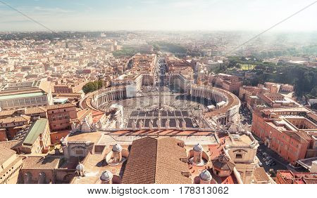 View of Rome and St Peter's Square from dome of St. Peter`s Basilica, Vatican City, Italy
