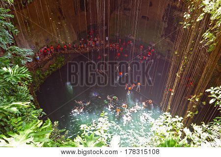 Beautiful view of Ik-Kil Cenote near Chichen Itza, Mexico.