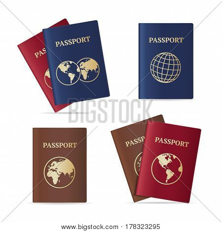 Realistic International Passport with Map Set Identification Document for Travel. Vector illustration