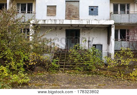 Pripyat. Ghost town in Chernobyl Exclusion Zone. Abandoned house.