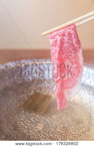 Beef Wagyu A5 Shabu shabu with steam, Groumet Japanese hot pot cuisine