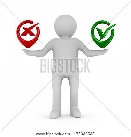 Man with symbols yes and No. Isolated 3D image 