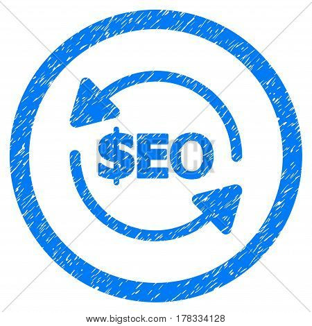 Refresh Seo grainy textured icon inside circle for overlay watermark stamps. Flat symbol with unclean texture. Circled vector blue rubber seal stamp with grunge design.