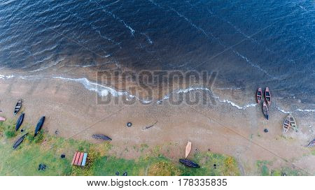 Fishing boat. The beautiful water in a good day.Aerial view.Top view.