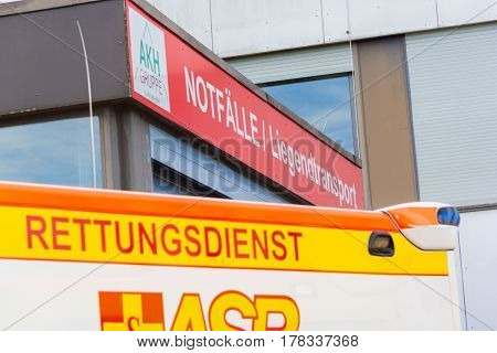 PEINE / GERMANY - MARCH 20 2017: german ambulance vehicle stands on hospital at peine / germany