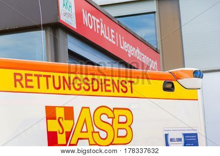 PEINE / GERMANY - MARCH 20 2017: german ambulance vehicle stands on hospital at peine / germany