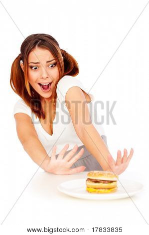 portrét emocionální ženy s burger. izolované na bílém pozadí