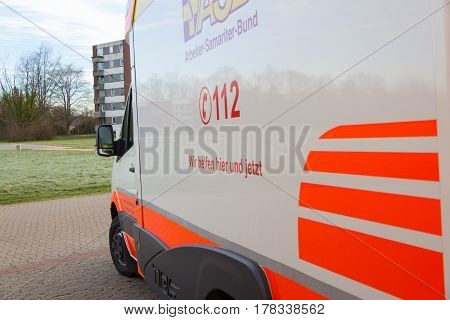 PEINE / GERMANY - MARCH 20 2017: german ambulance vehicle stands on hospital at peine / germany