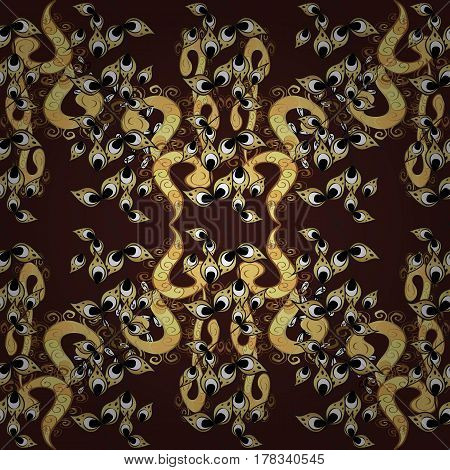 Seamless classic vector golden pattern. Floral ornament brocade textile pattern glass metal with floral pattern on brown background with golden elements.
