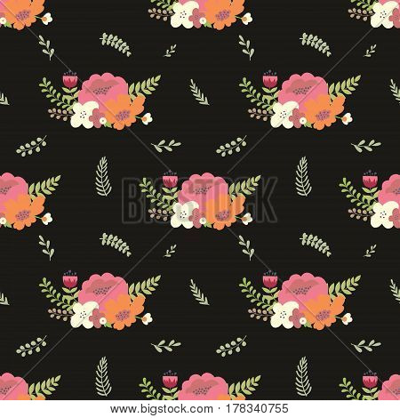 Floral composition on a black background. Vector seamless pattern for wallpaper design textile or web design