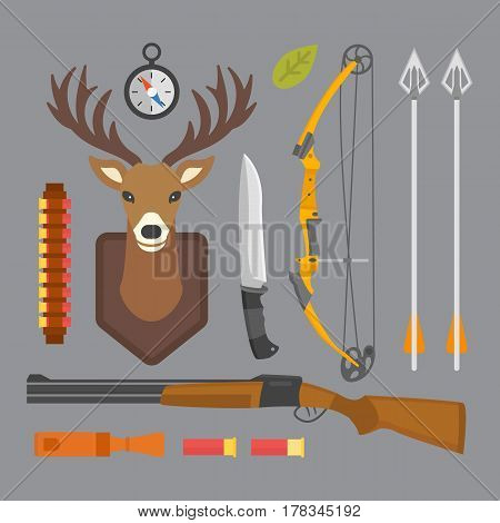 Set of vintage hunting symbols camping objects design elements flat style hunter weapons and forest wild animals and other outfit isolated vector illustration. Aiming outdoors equipment.