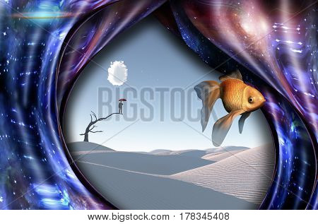 Surreal white desert. Man with red umbrella stands on a dry tree. Warped space and golden fish.  Some elements provided courtesy of NASA   3D Rendering
