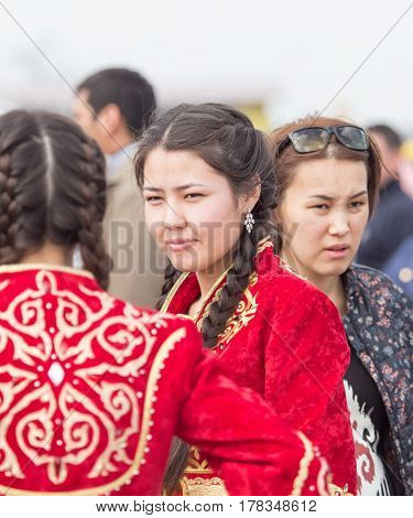 Shymkent, KAZAKHSTAN - 22 March 2017: Celebration of the Kazakh holiday NARIYZ. People in national costumes .