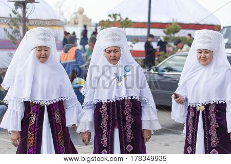 Shymkent, KAZAKHSTAN - 22 March 2017: Celebration of the Kazakh holiday NARIYZ. People in national costumes .